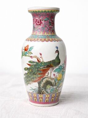 Vintage Hand-Painted Porcelain Peacock Vase in Pink & Green/ Famille Rose